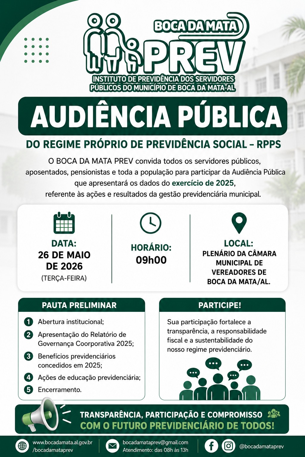 Transparência e compromisso: participe da Audiência Pública do Boca da Mata Prev